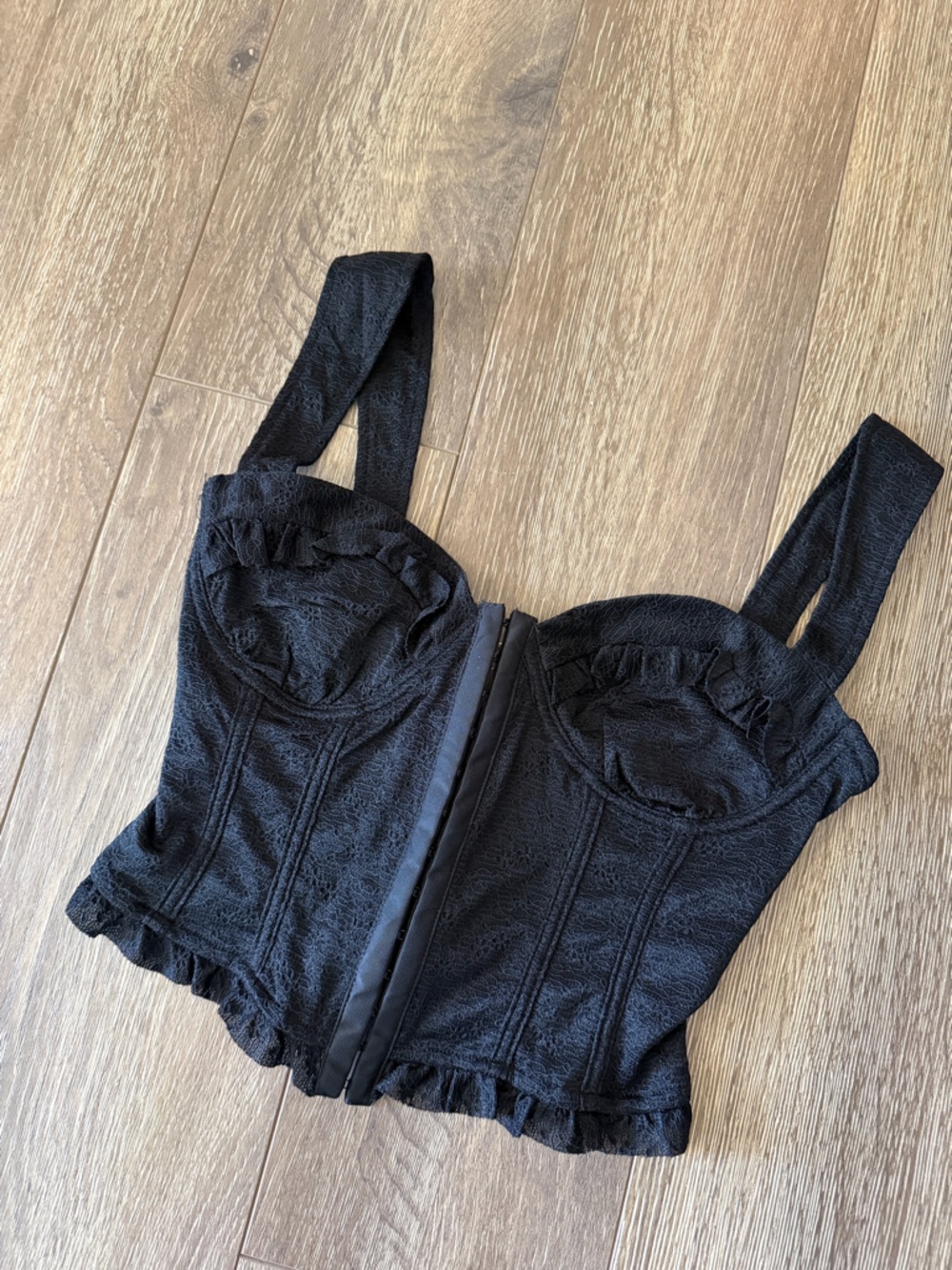 Black Textured Ruffle Bustier Crop Top